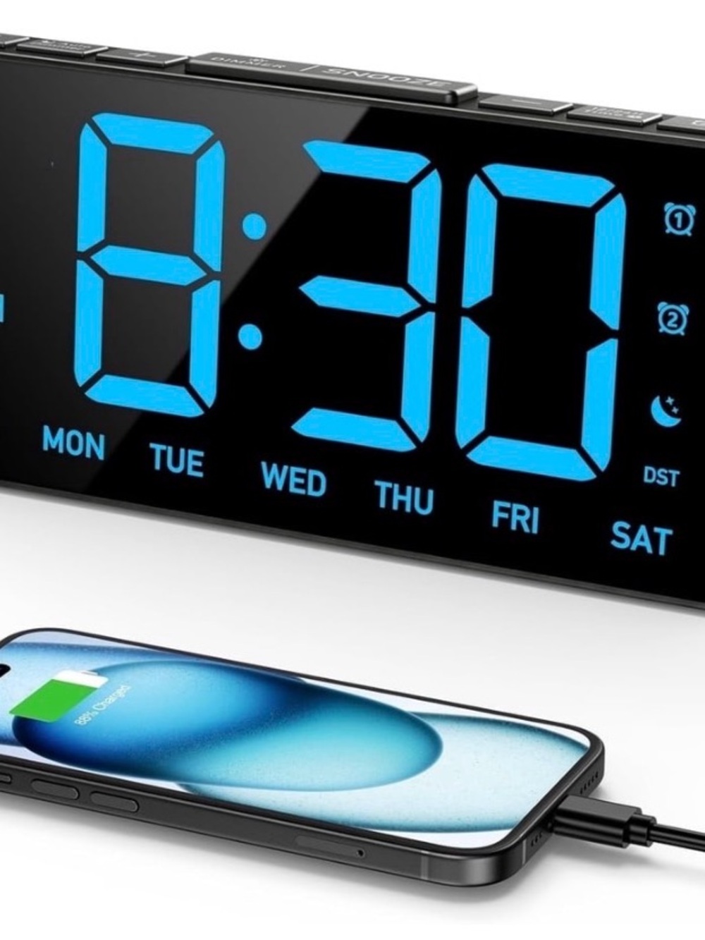 Digital LED Alarm Clock with Blue Display and USB Charging